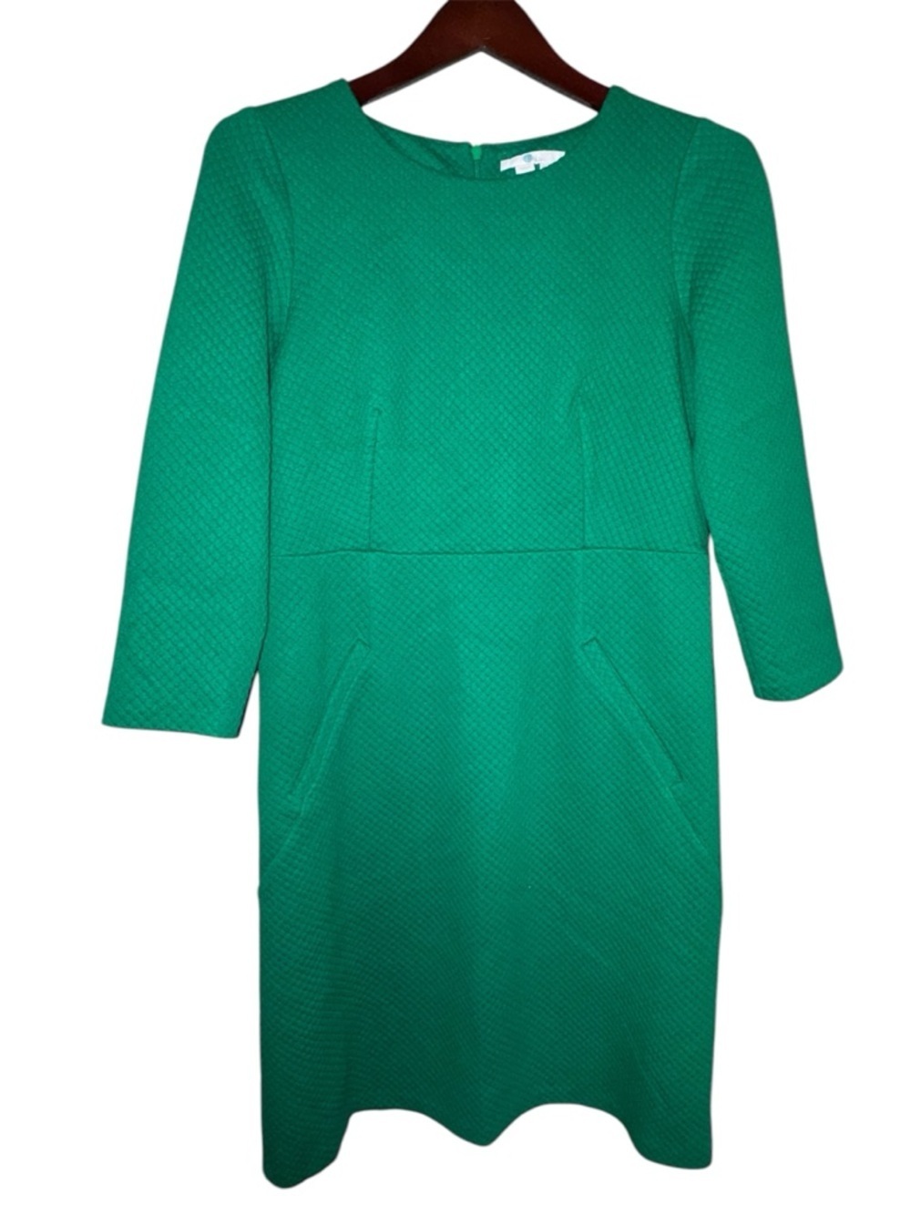 Boden Green Textured Dress Size 10L | 3/4 Sleeve | Front Pockets